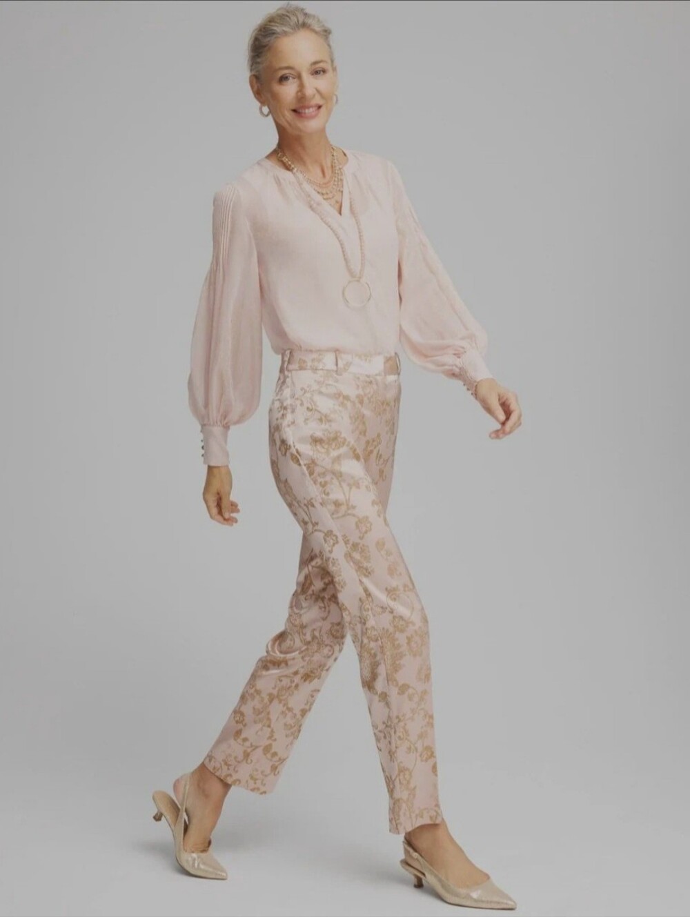 Chicos Size 2/Large Gold Foil Chiffon Pintuck Blouse